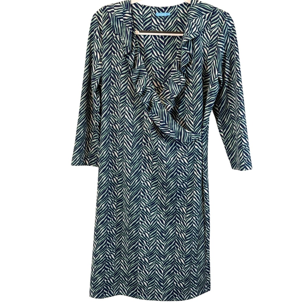 J. McLaughlin Womens Blue Green Print Ruffled V Neck Faux Wrap Midi Dress Size M